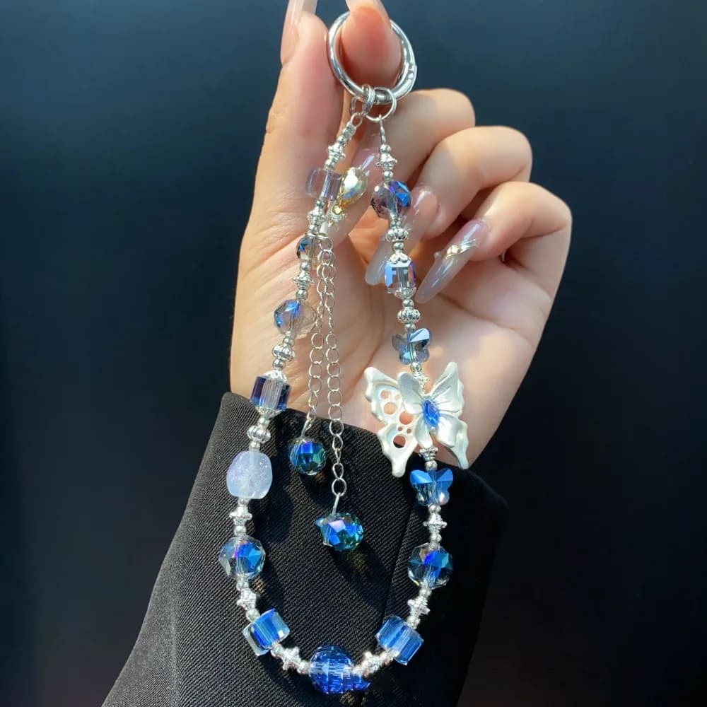 Element Alloy Butterfly Crystal Bead Keychain Detachable Colorful Key Pendant Glitter Phone Strap Women Girls