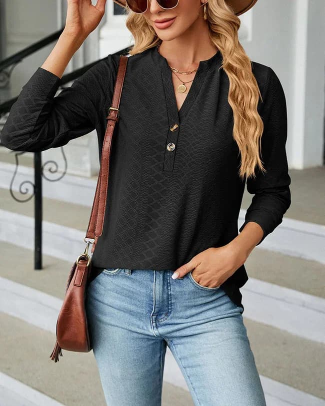 Chic Long‑Sleeve V‑Neck Casual Blouse for Women, Henley Neckline Decorative Buttons Textured Loose Tunic Daily Going‑Out Top