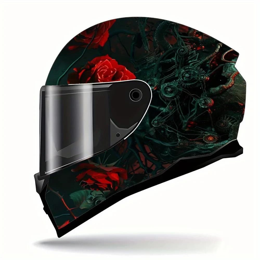 Affascinante grafica a tema del cranio meccanico contro uno sfondo rosso sangue, adesivo per casco da motociclista: PVC resistente; estetico