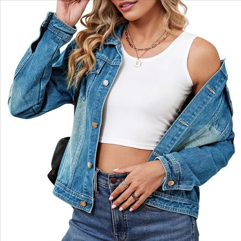 ABRT-Wood denim jacket with long sleeves elasticated basic women's dressing