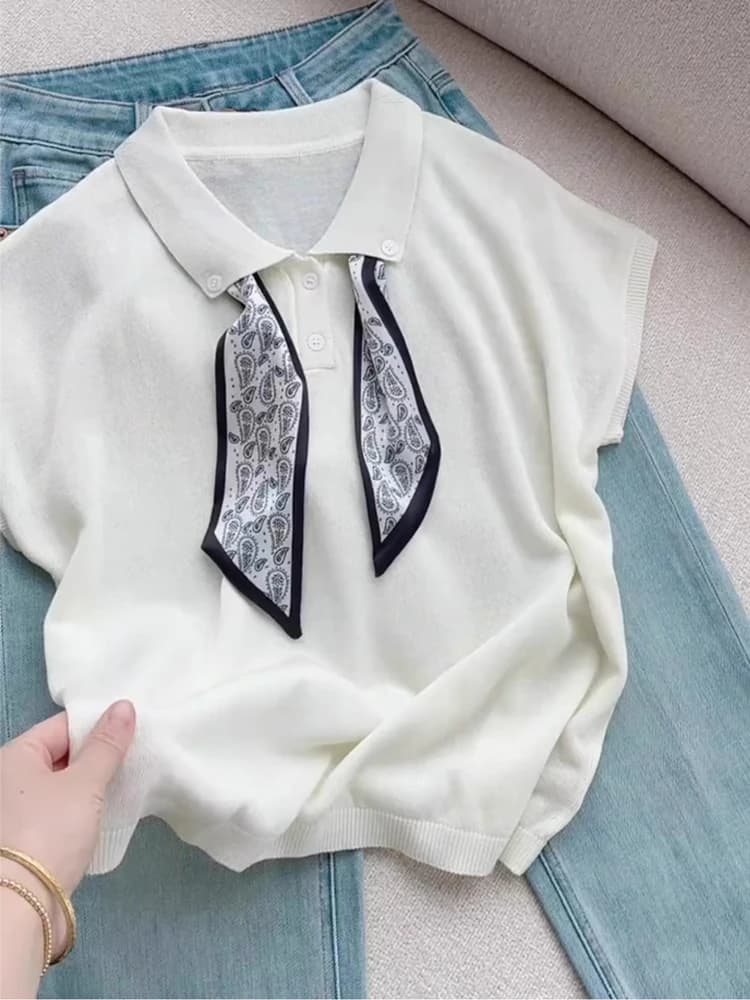 Korean Style Loose Knitted Short Sleeve Neck T-Shirt Women's Fashionable Versatile Silk Scarf Summer New Arrival
