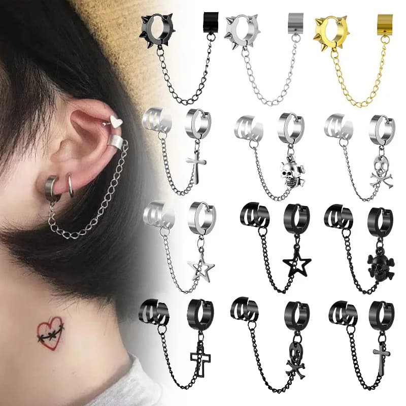 1 pezzo croce teschio catena nappa orecchini pendenti per donna/uomo clip per osso orecchio in acciaio inossidabile gioielli singoli doppi fori per l'orecchio