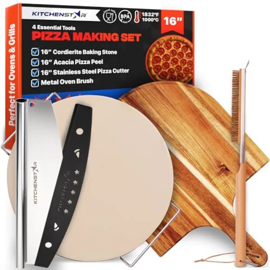 Set per Preparazione Pizza 6 Pezzi - Pietra per Pizza + Griglia in Acciaio Inox Pala per Pizza in Legno di Acacia Tagliapizza a Rotella + Copertura Protettiva Spazzola in Metallo