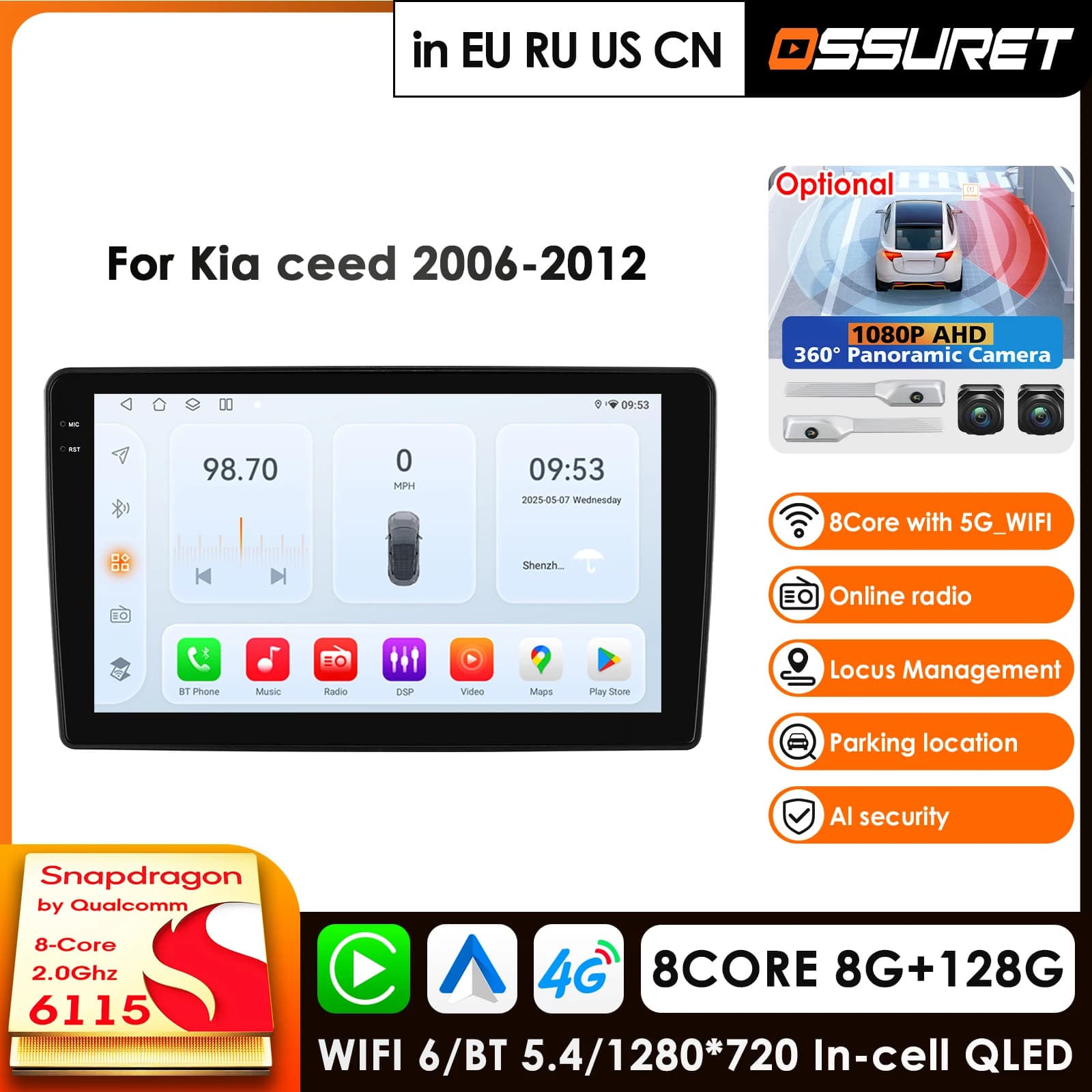 Autoradio 9'' per Kia Ceed 2006-2012, Lettore Multimediale Audio con CarPlay, Android Auto, GPS, BT, WIFI, FM, RDS, AI