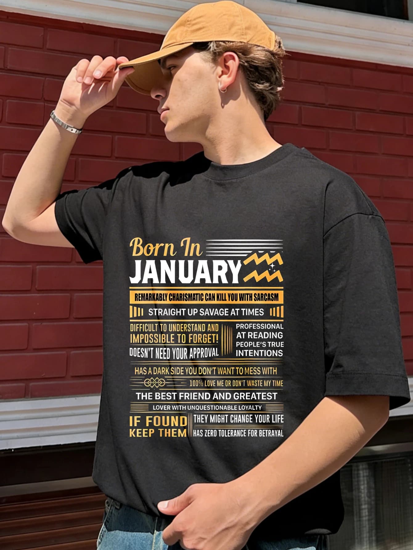 T-shirt da uomo in cotone stampato streetwear con grafica 'Born in January', oversize a manica corta, casual, idea regalo