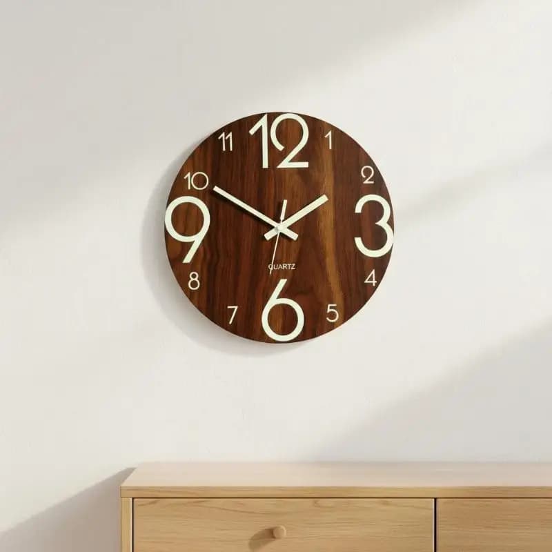 Orologio da parete luminoso rotondo in legno silenzioso, moderno, che si illumina al buio, per la cameretta dei bambini e il soggiorno