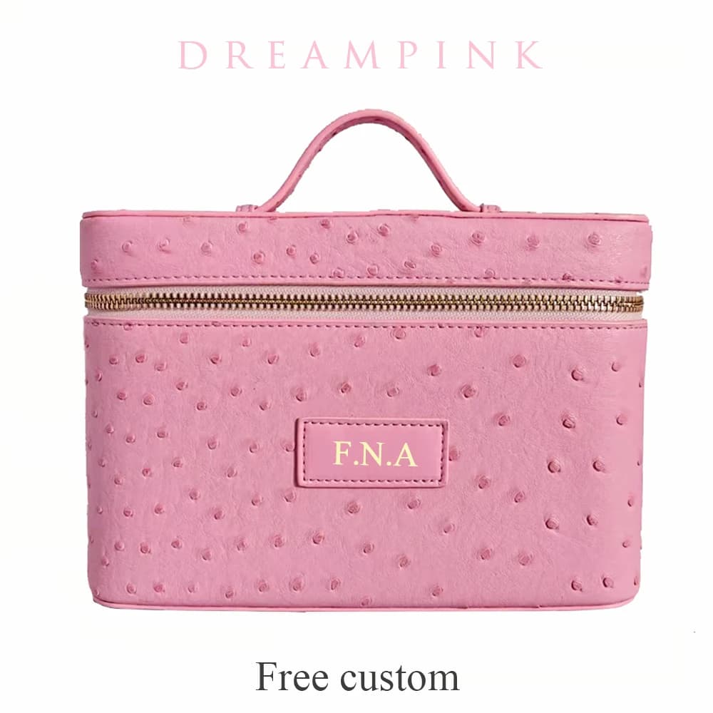 Luxury Ostrich Mock Women Makeup Vanity Bag Custom Name Large Capacity Cosmetic Organizer Box With Handle Travvel Toiletry Bag