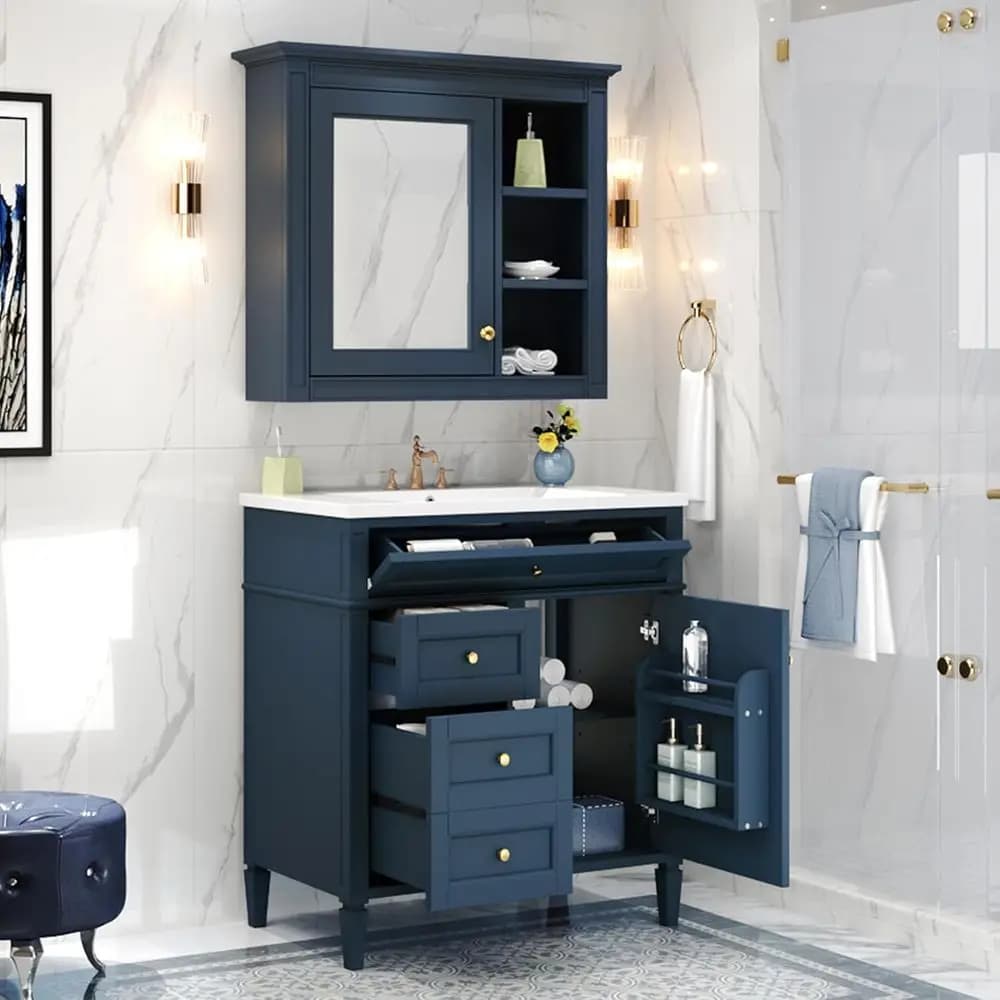 Set Mobile Bagno Sospeso da 30 Pollici con Lavabo in Ceramica Blu, 2 Cassetti, Cassetto Estraibile e Armadietto a Specchio