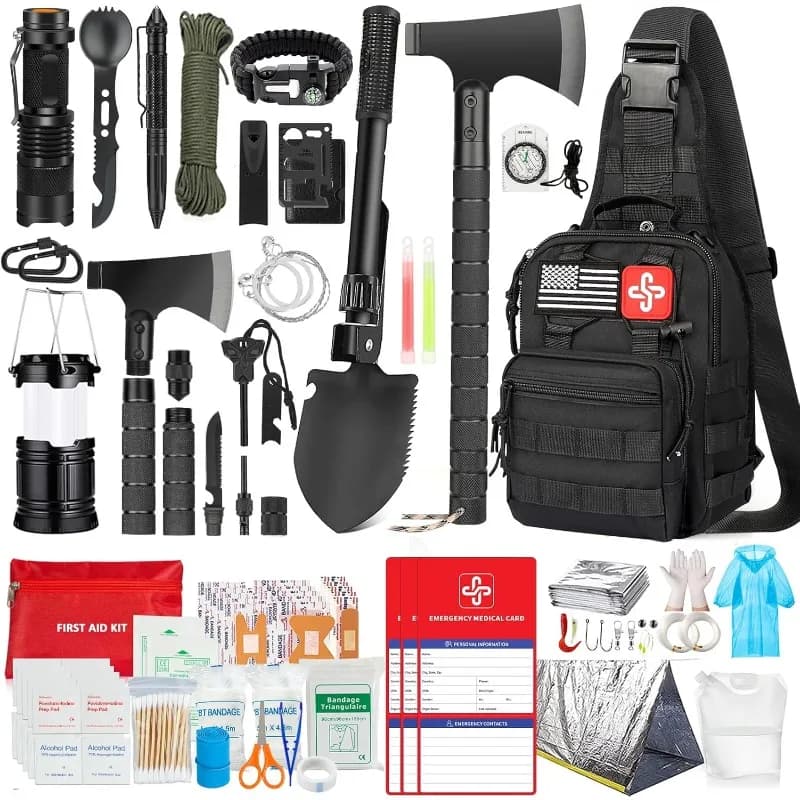 262 pezzi di attrezzatura e forniture di sopravvivenza con custodia per kit di pronto soccorso e borsa a tracolla, kit di emergenza con tenda, ascia da campeggio