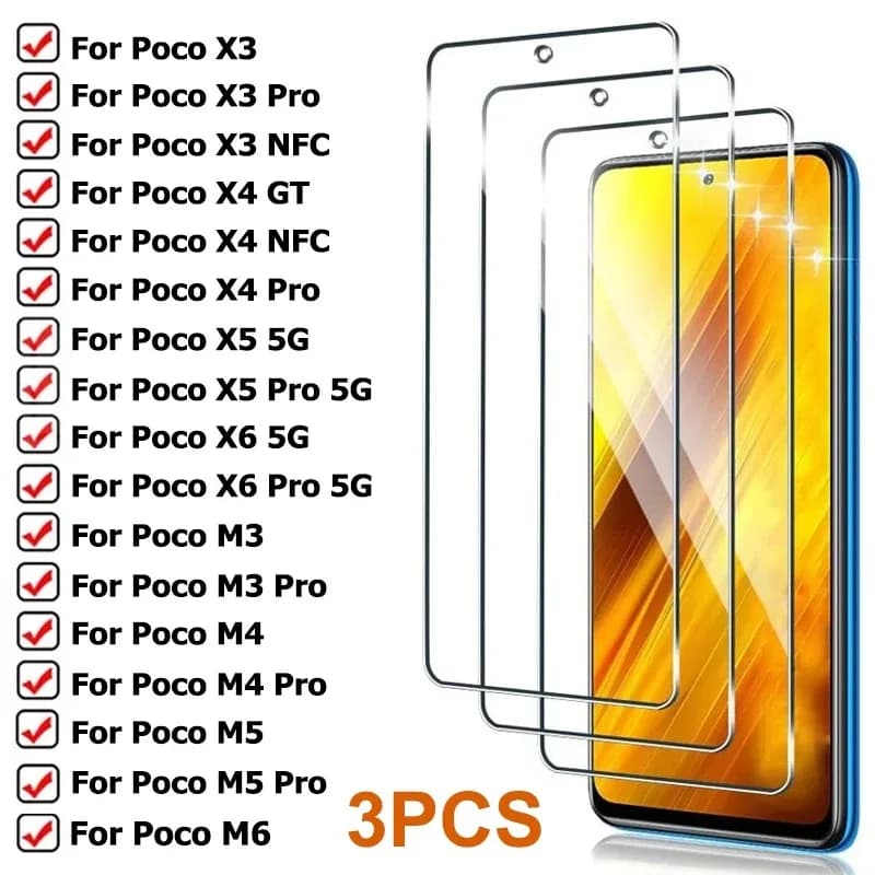 3PCS Vetro di Protezione per Poco X7 X3 X4 GT X5 X6 Pro NFC 5G Protezione Dello Schermo per Xiaomi Poco M7 M6 M5 M5S M4 M3 Pro Pellicola di Vetro