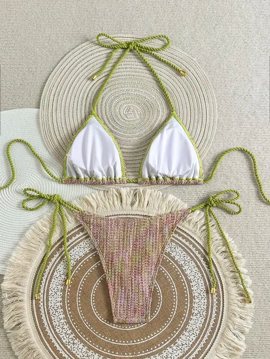 Set Bikini Boho all'Uncinetto per Donna, Top Halter con Frange e Slip