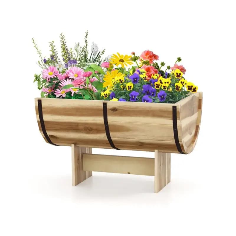 Fioriera da esterno a mezzo barilotto in legno con gambe - Contenitore da giardinaggio in legno massello di acacia per fiori e piante