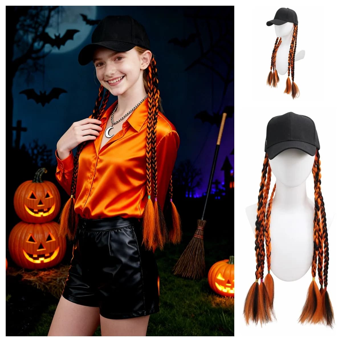 Berretto da baseball intrecciato nero e arancione di Halloween, accessorio per capelli scuro dolce e fresco, design per parrucca sintetica con cappello staccabile in un unico pezzo