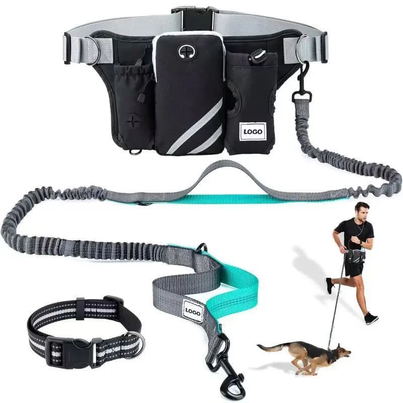 Adjustable Hands Free Dog Leash Running Belt Waist Pack Dual Bungee for Walking 2 Dogs Shock Absorbing Jogging Bag