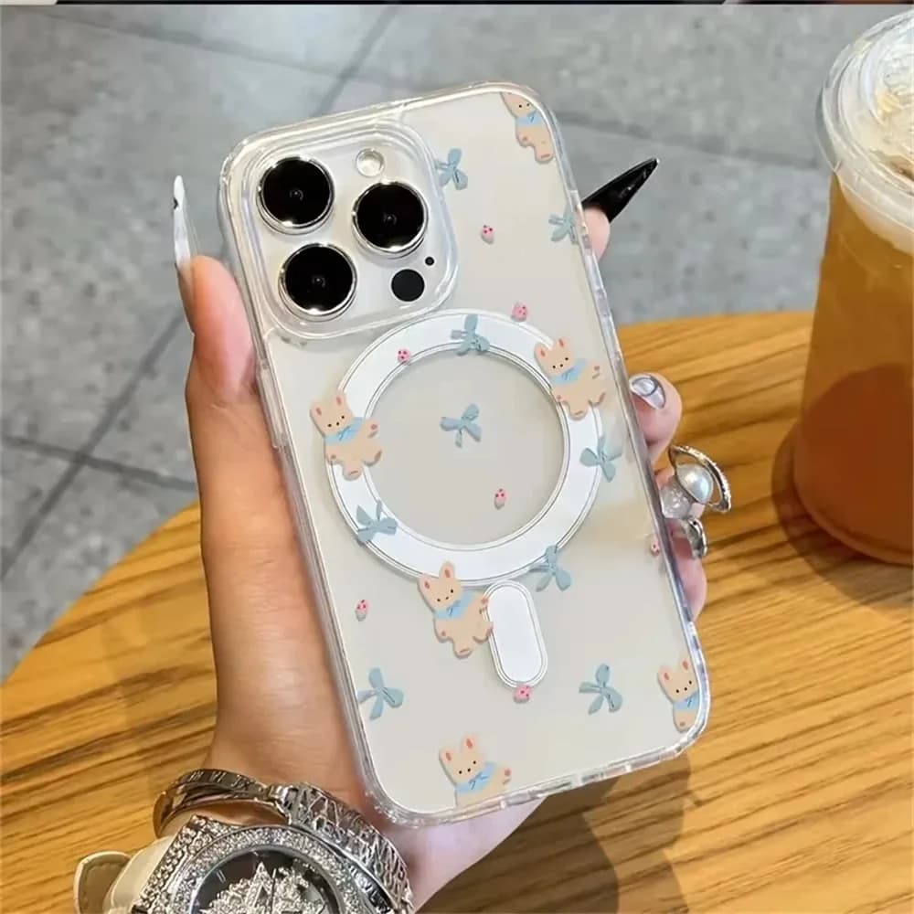Custodia per telefono avanzata con fiocco blu e coniglietto, compatibile con iPhone 17 AIR 16 E 15 PLUS 14 13 MINI 12 11 PRO MAX, anti-caduta, con supporto magnetico