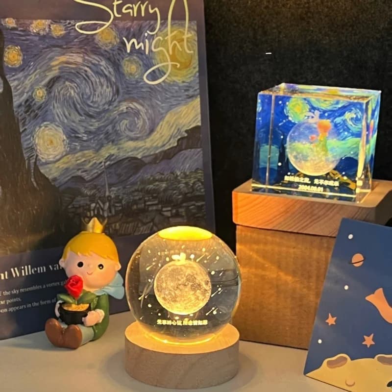 Luce notturna a forma di cubo di cristallo con fasi lunari personalizzate del Piccolo Principe, lampada decorativa fai da te, regalo di compleanno per uomo, fidanzato