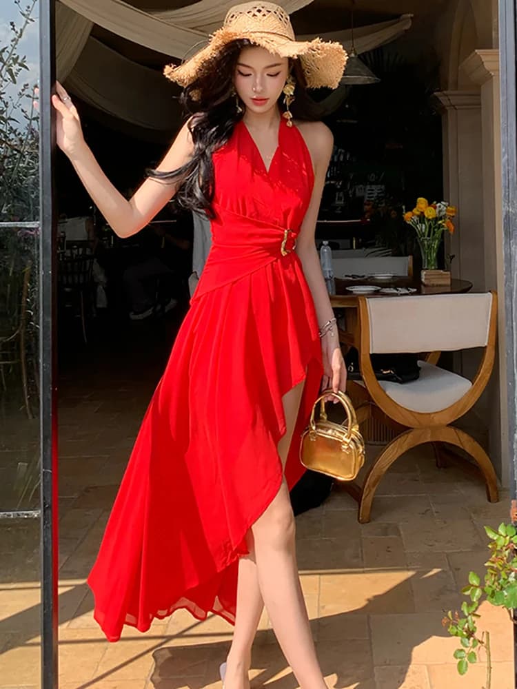 Abito Lungo Elegante da Donna in Chiffon Rosso con Spacco, Vestito Estivo Chic con Scollo all'Americana, Abito Sexy Bodycon Coreano di Lusso 2026
