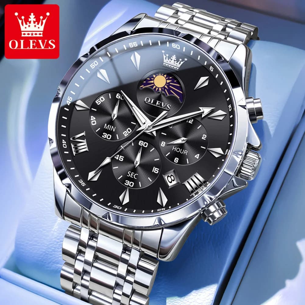 OLEVS 3653 Orologio da uomo con calendario fasi lunari di marca Orologio al quarzo impermeabile per uomo Cronografo da lavoro in acciaio inossidabile
