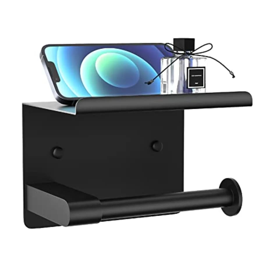 Matte Black Toilet Paper Holder with Shelf, Fits Mega Rolls, Rustproof Stainless Steel, Self Adhesive Wall Mount Toilet Paper R