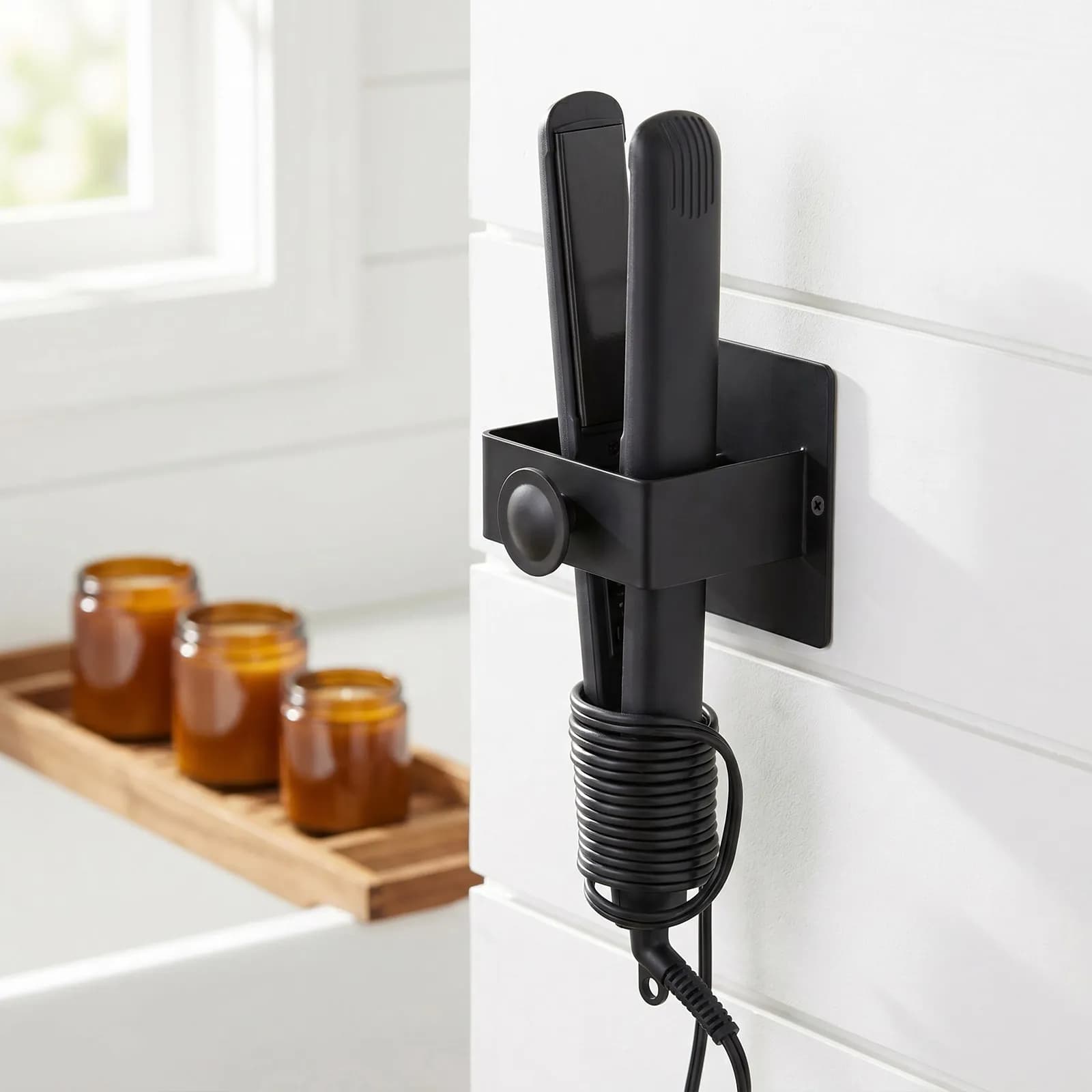 Wall Mounted Curling Iron Holder Black Perforation Free Storage Bracket Bathroom Curler Straightener Organizer Anti Slip Holder
