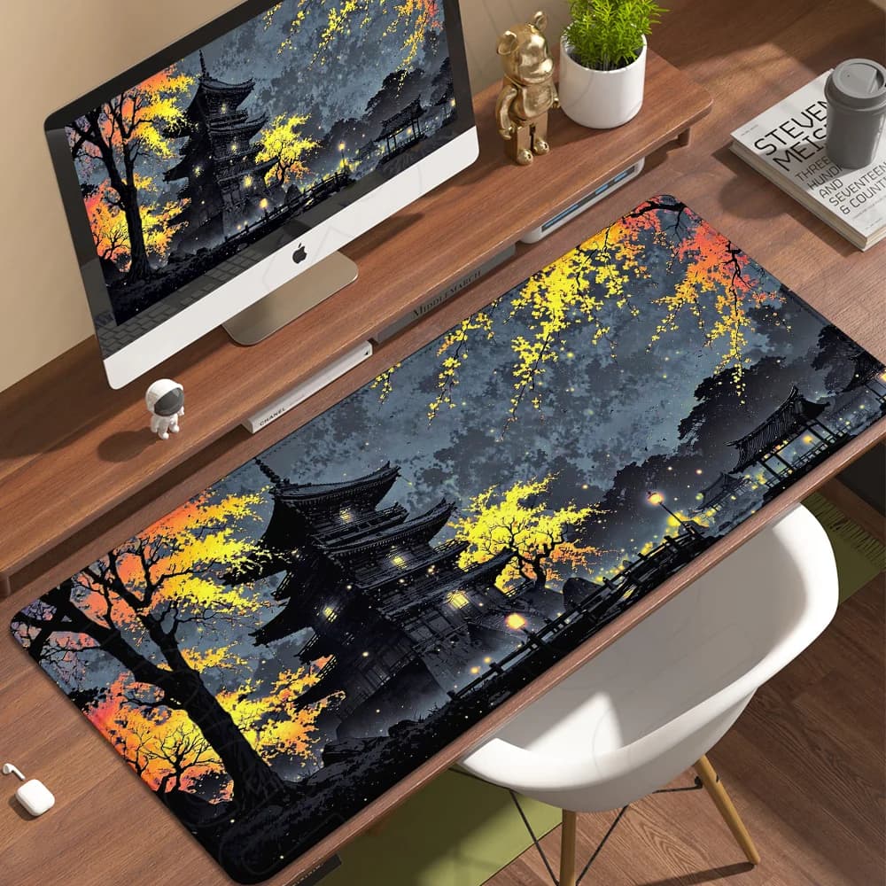 Tappetino da scrivania XXL con fiori di ciliegio notturni, antiscivolo in gomma, per gaming e ufficio, tappetino per mouse con alberi rosa, accessori per PC