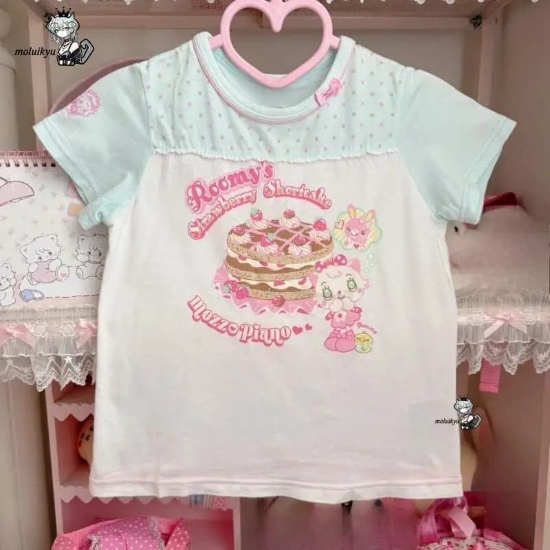 Maglietta Estiva Giapponese Kawaii con Stampa Cartoon per Donne, T-Shirt Harajuku con Patchwork a Punti, Estetica Y2K per Ragazze e Studentesse, Stile Grunge Carino