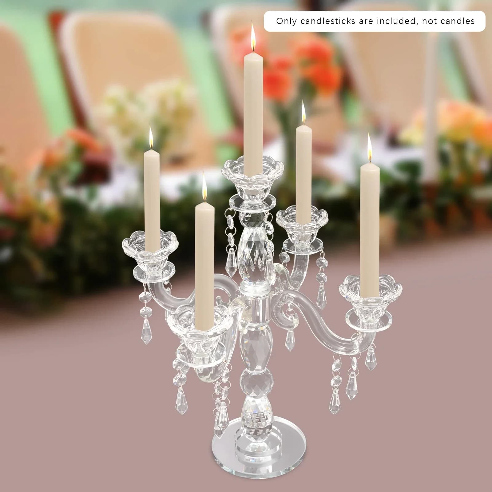5-arm crystal candle holder, transparent candle holder, modern 5-head candle holder for wedding centerpiece, dining table decoration