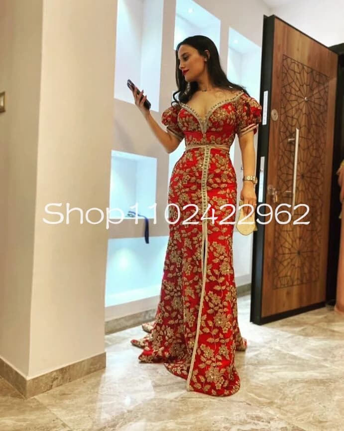 Abiti da sera da sera a sirena rossi in due pezzi Tunisienne National Gillter Paillettes Applique Arabo Caftano Abito da ballo personalizzato