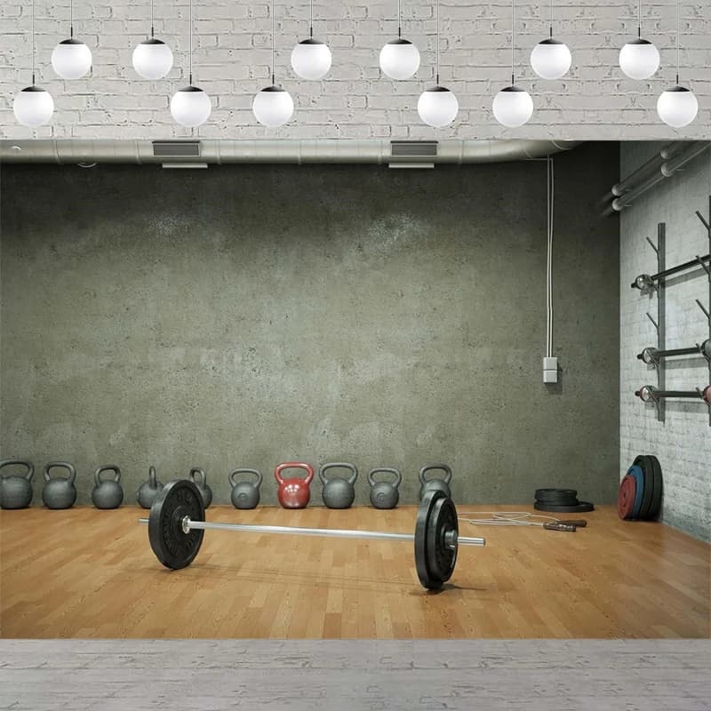 Photo wallpaper Weight lifting gym Manubri Boxing bag Brick wall Background Wall Fitness Banners Punches for photo Poster