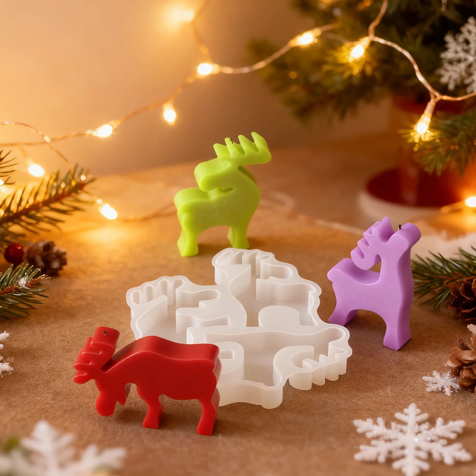 Stampo in Silicone a 3 Fori a Forma di Alce, Creativo 3D per Ornamenti in Cemento e Gesso, Candele Profumate, Resina, Fai da Te, Regali Artigianali Natalizi