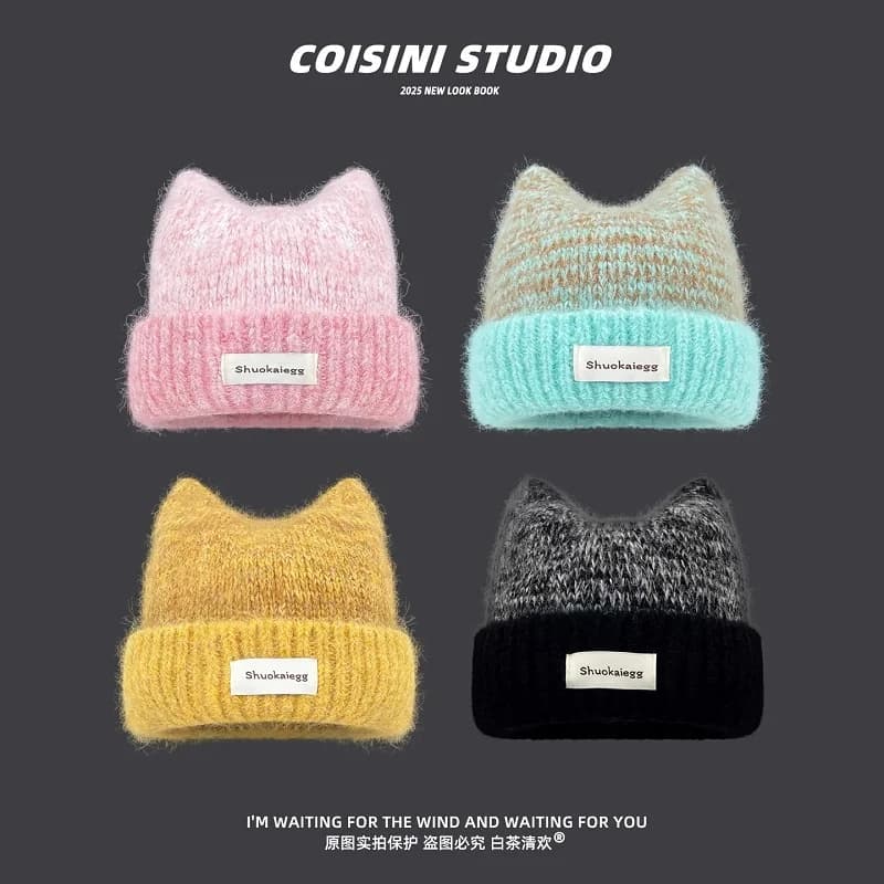 Nuovi Berretti Lavorati a Maglia con Orecchie di Gatto Rosa, Stile Y2K, Caldi e Versatili per Autunno e Inverno, Cappelli da Donna Dolci e Graziosi
