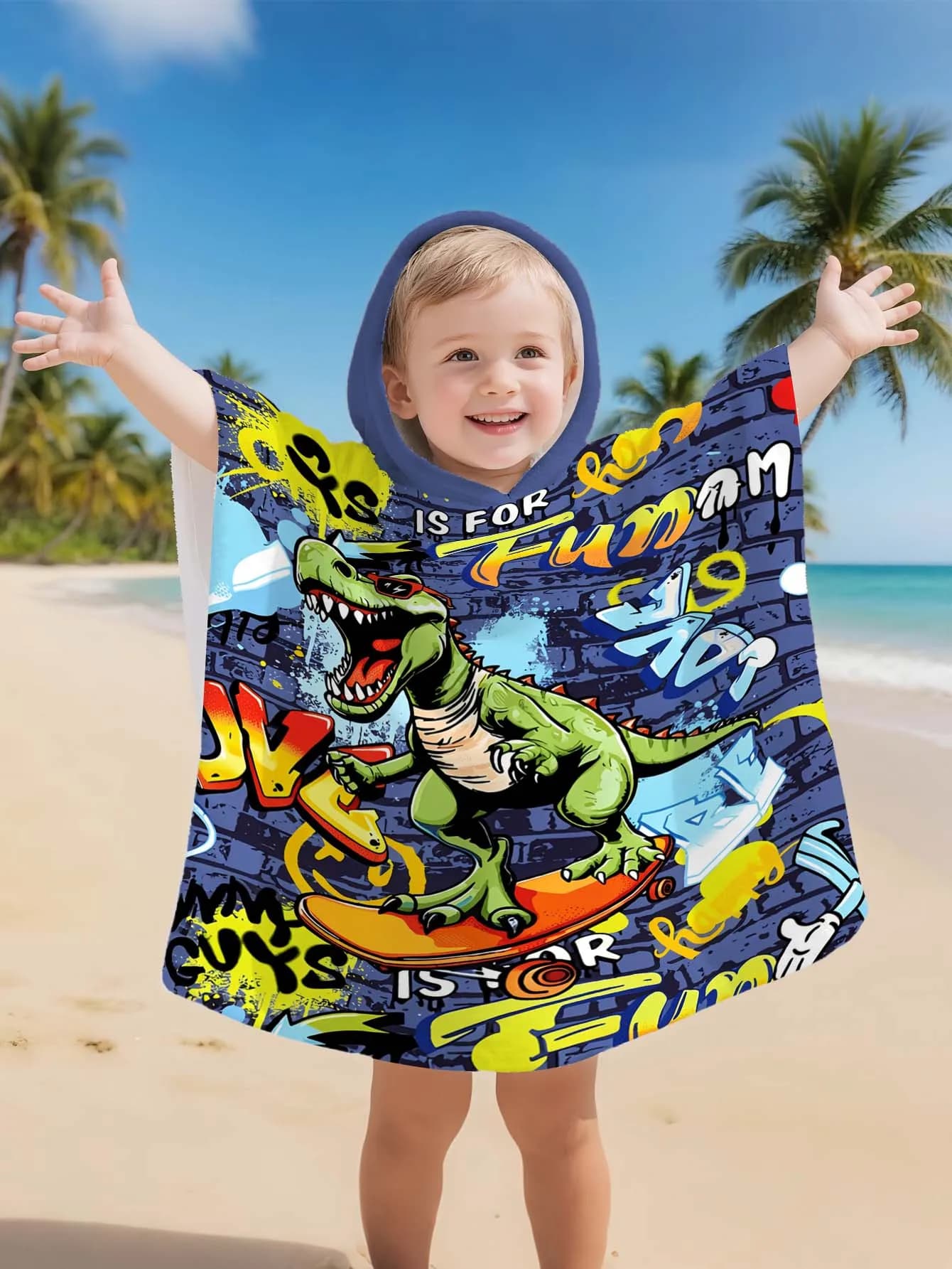 Accappatoio con stampa di dinosauri, morbido e super assorbente, con bottoni laterali, adatto per spiaggia, piscina, campeggio, per bambini e bambine dai 2 ai 11 anni.