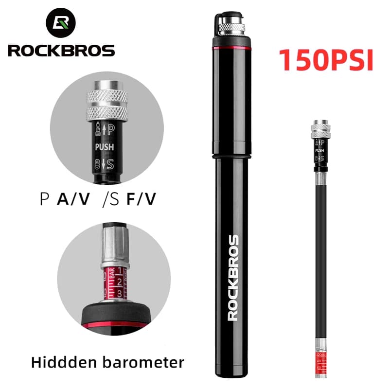 ROCKBROS Pompa da bicicletta per bici in lega di alluminio 150PSI Mini pompa da bicicletta a mano ad alta pressione Gonfiatore d'aria per pneumatici Pompa d'aria per bici portatile