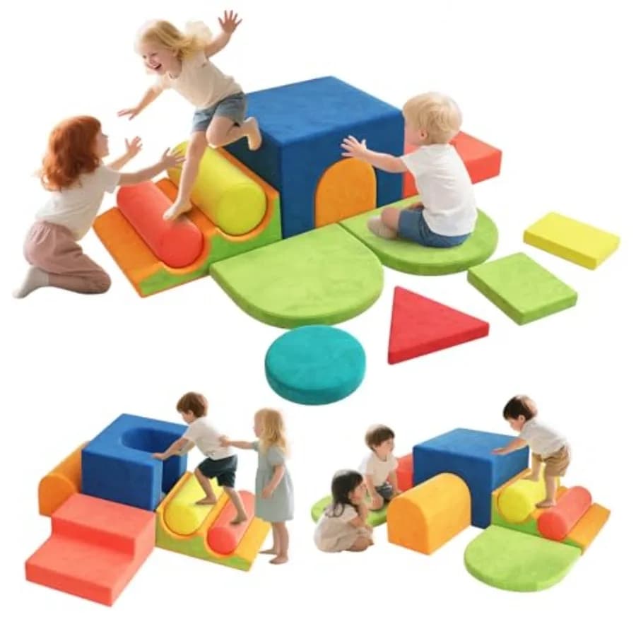 Set of 12 Blocks in Foam for Kids Climbing 1-3 Years, Soft Game Set for Interior with Tunnel, Grains and Rolls in Pastel Color, Montessori-Educa