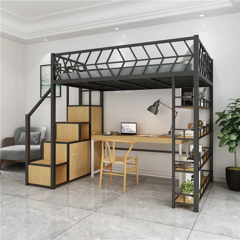 Nordic wrought iron elevated bed sheet upper layer adult children loft bed small apartment space saving iron frame bed under