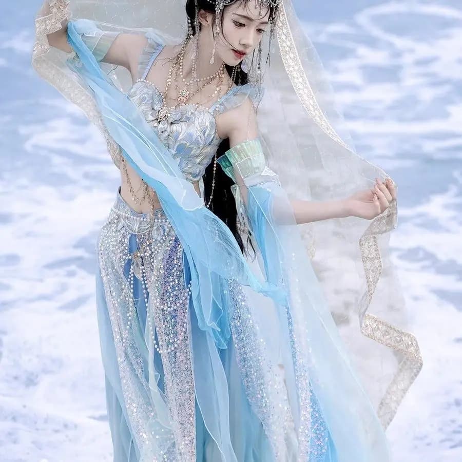 Nuovo ed elegante set di costumi da festa cosplay a tema principessa sirena con ricami in stile Han modificato, ispirato agli elementi esotici, per la danza delle fate - Abito Hanfu