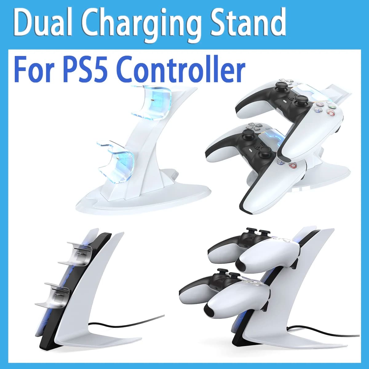 Doppio supporto di ricarica rapida per controller DualSense PS5 – Accessorio PS5 con luci LED blu