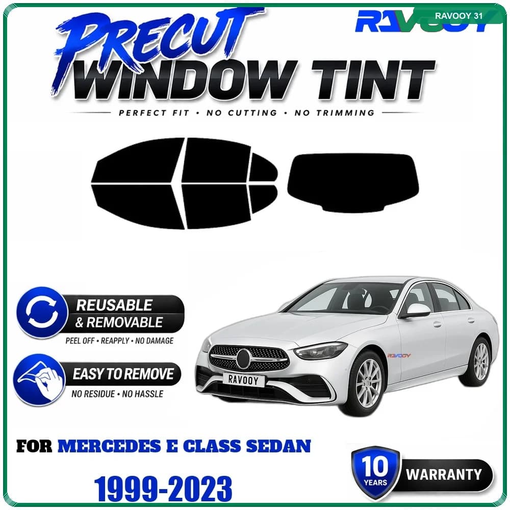 RAVOOY Precut Window Tint, Reusable Removable EPU Film, Custom Fit for Mercedes E Class Sedan 1999-2023, UV Heat Protection