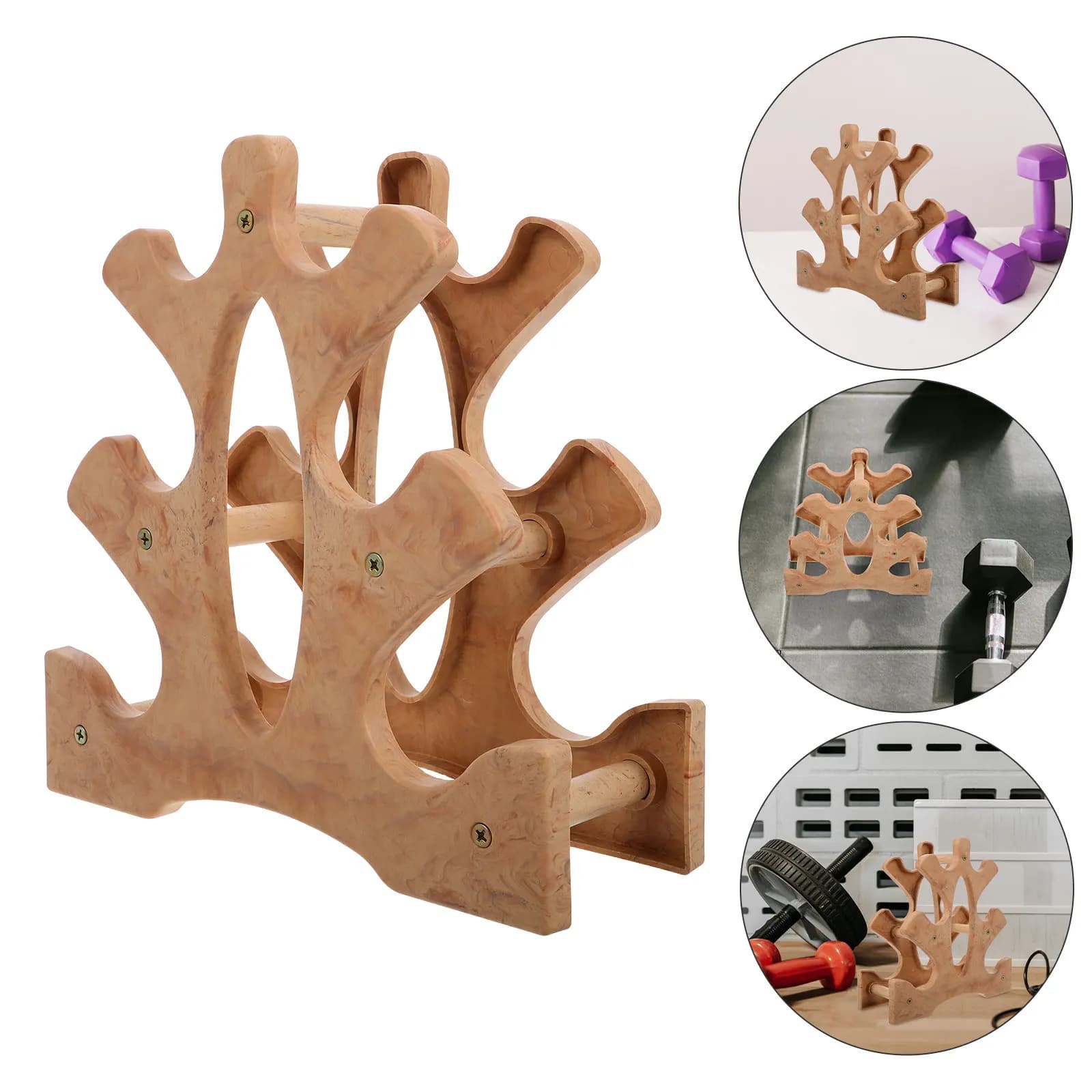 3 Level Manubri Door Resistant with Natural Wood Finish, Home Gym Organizer for Manubri, Kettlebell and Pesi