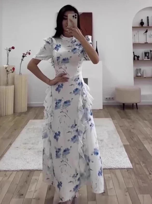 Summer New High Waist Short Sleeve Floral Print Long Dress Women's Ruffle Hemline Slim Fit Waist Dress Elegant Style