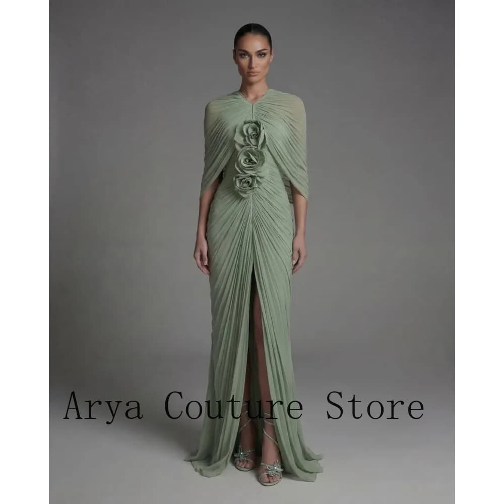 2026 Hot Sale Sage Green Pleated Dress Cape Sleeve 3D Floral Applique High Slit Maxi Gown Women Formal Evening Party Prom Dress