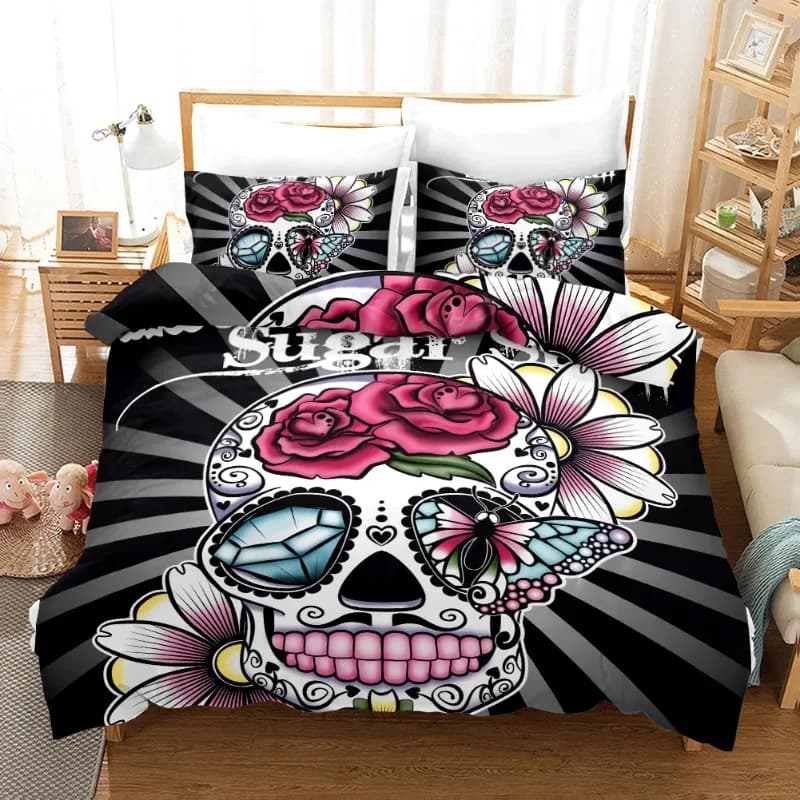BEST.WENSD 3 pezzi Set letto Queen Size Set biancheria da letto Halloween Corona Teschio Copripiumino Federe Camera da letto Set biancheria da letto oro 228x228
