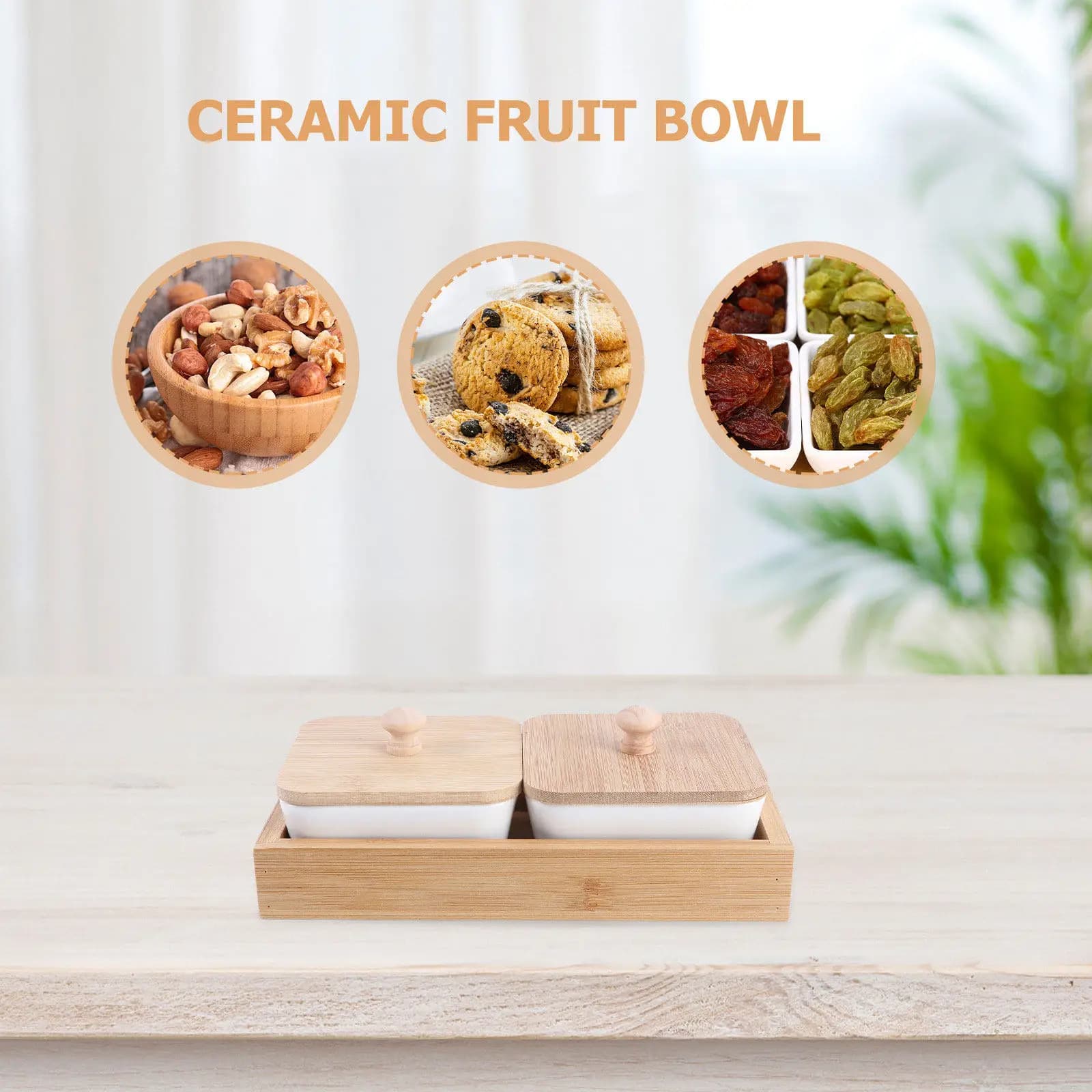 Set di Piatti per Frutta in Ceramica e Legno, Vassoio Multifunzionale per Snack, Frutta Secca e Dessert, Contenitore Portatile per Alimenti