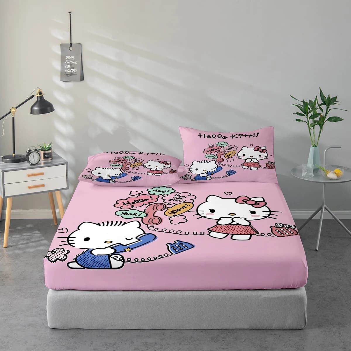 Set di lenzuola con stampa digitale ad alta definizione in 3 pezzi con motivo Hello Kitty, set di lenzuola con stampa floreale di grandi dimensioni, include 1 lenzuolo con angoli + 1/2 federa, adatto per camera da letto, camera degli ospiti, decorazioni per la casa, lenzuolo con angoli in fibra di poliestere + federa, biancheria da letto ultra morbida, tessuto spesso e ultra morbido, confortevole per tutte le stagioni, lavabile in lavatrice