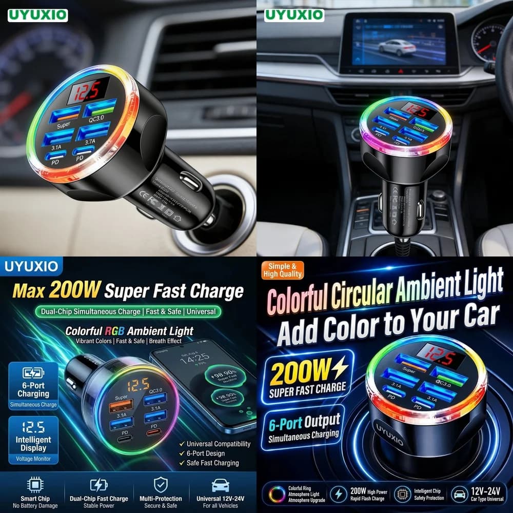 Multi Port Fast Charging Car Plug New Products 2026 for iPhone 18 17 16 Samsung S26 S25 S24 with Fast Charging RGB LED Light Hub
