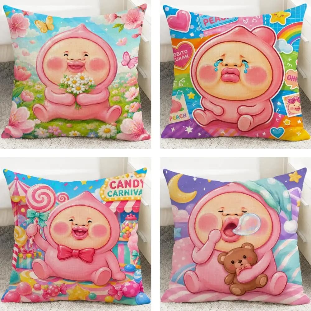Character Kobito Zukan Peach Cushion Cover Cushion Covers Natural Linen Breathable Sofa Bedroom Decor Pillowcase
