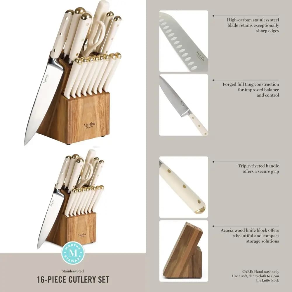 Set di posate da 16 pezzi in acciaio inossidabile ad alto tenore di carbonio con blocco di legno di acacia, manici tripli rivettati in ABS, accenti in lino bianco e oro