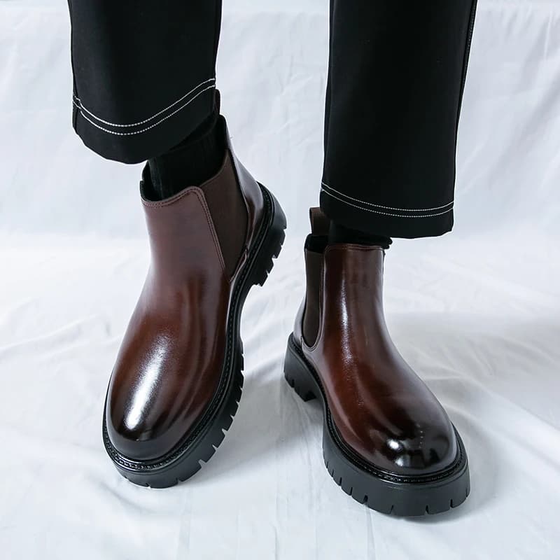 Men's British Style Chelsea Boots Genuine Leather Elastic Ankle Boots Comfortable Soft Lining Casual Date Business Shoes for Men
