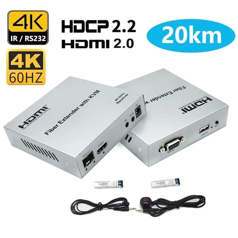 20Km 4K 60Hz HDMI KVM Fiber Extender over LC Fiber Optic Cable HDMI over Fiber USB KVM Extender with SFP Support Keyboard Mouse