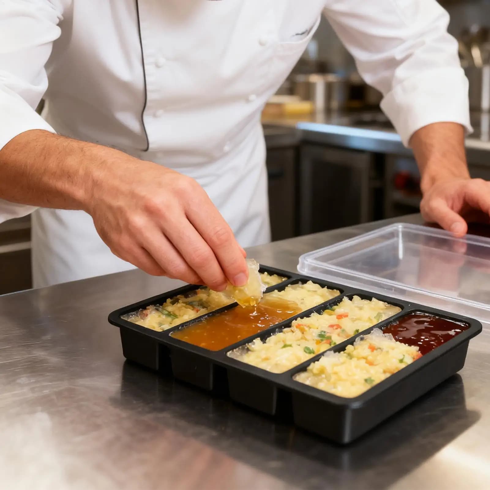 Stampo per vassoio per congelatore in silicone con coperchio, scatola di immagazzinaggio, contenitori per alimenti, per zuppe, brodo, pasti, preparazione, cubetti di ghiaccio